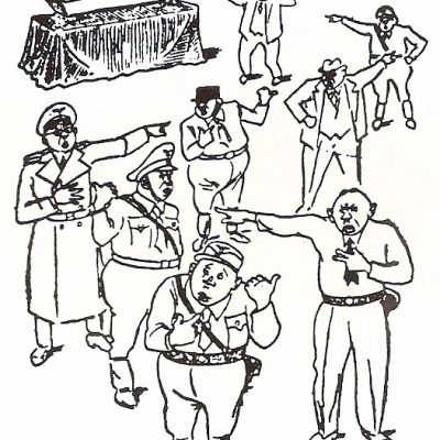 Karikatur “In Nürnberg und anderswo – Er hat’s mir doch befohlen!” der ehemaligen Tageszeitung “Neues Österreich”. Quelle: Neues Österreich, 20. Juli 1946.